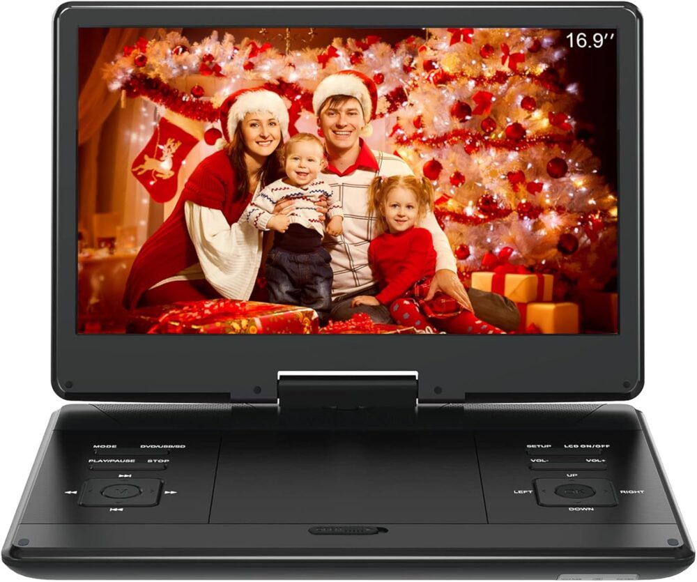 16.9" Portable DVD Player with 14.1" Large HD Screen,High Volume Speaker,4-6 Hours Built-in Rechargeable Battery,Support USB/SD Card/Sync TV and Multiple Disc Formats,Region Free,Remote Control,Black - Image 2