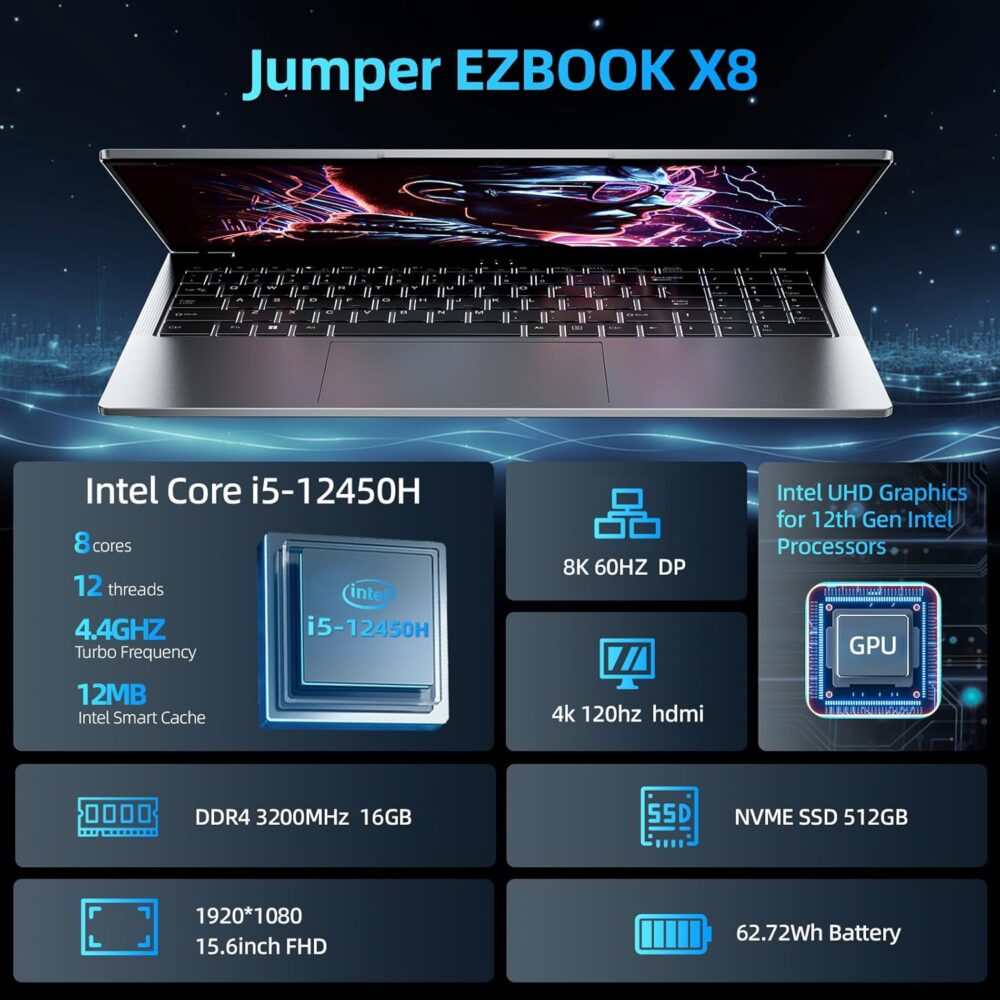 jumper 2025 Laptop, Intel 8-Core Processor(Up to 4.4GHz), 16GB DDR4 512GB NVME SSD, 15.6" FHD IPS Screen, 62.7Wh Battery, WiFi-6, Bluetooth5.1, USB3.2, 4 Stereo Speakers, 2 Memory Slots. - Image 3