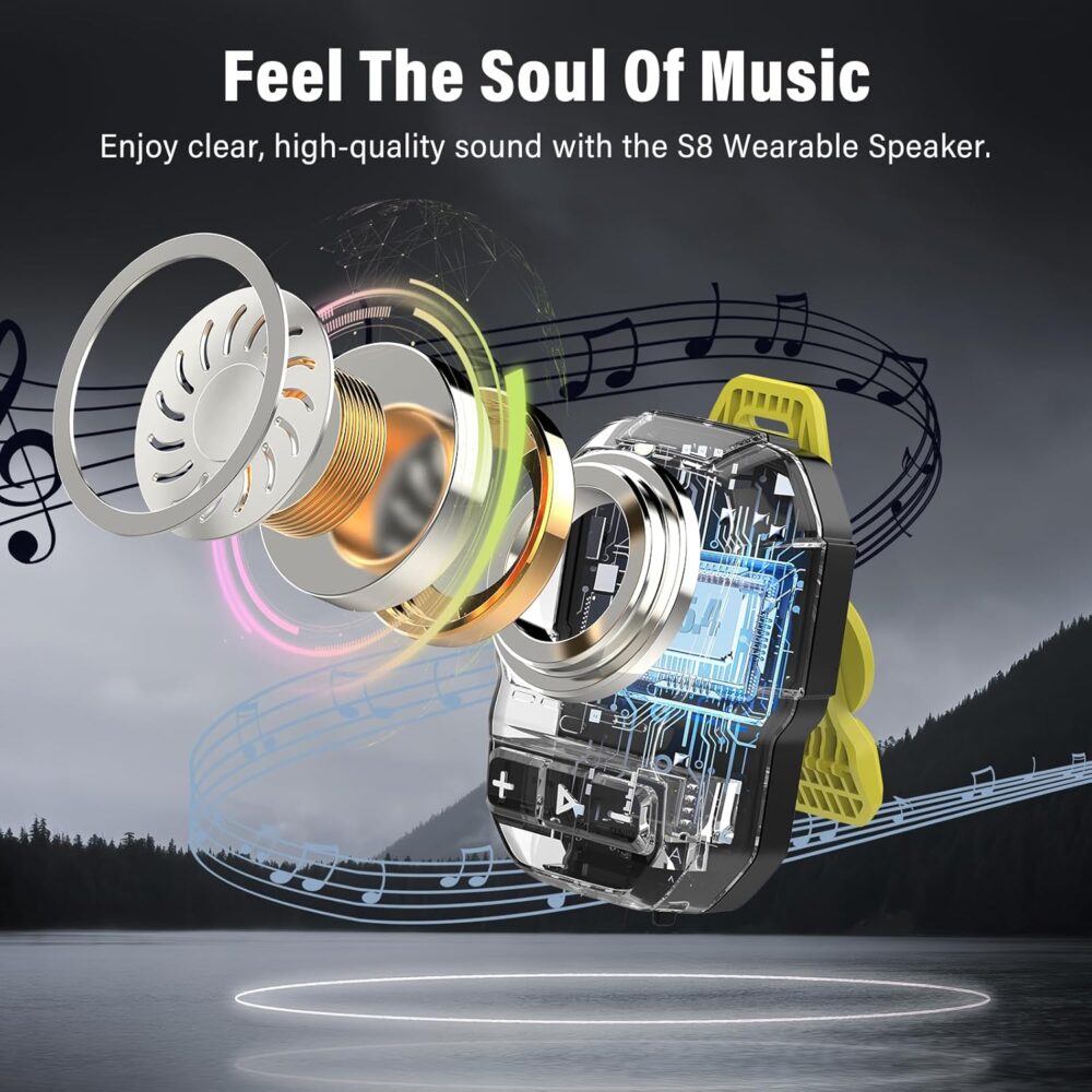 2025 Wearable Bluetooth Speaker, IP56 Waterproof Clip On Wireless Portable Speaker with 14H Playtime and Built-in Mic for Hands-Free Music/Calls, HD Audio for Outdoor/Gym/Work, Yellow - Image 5
