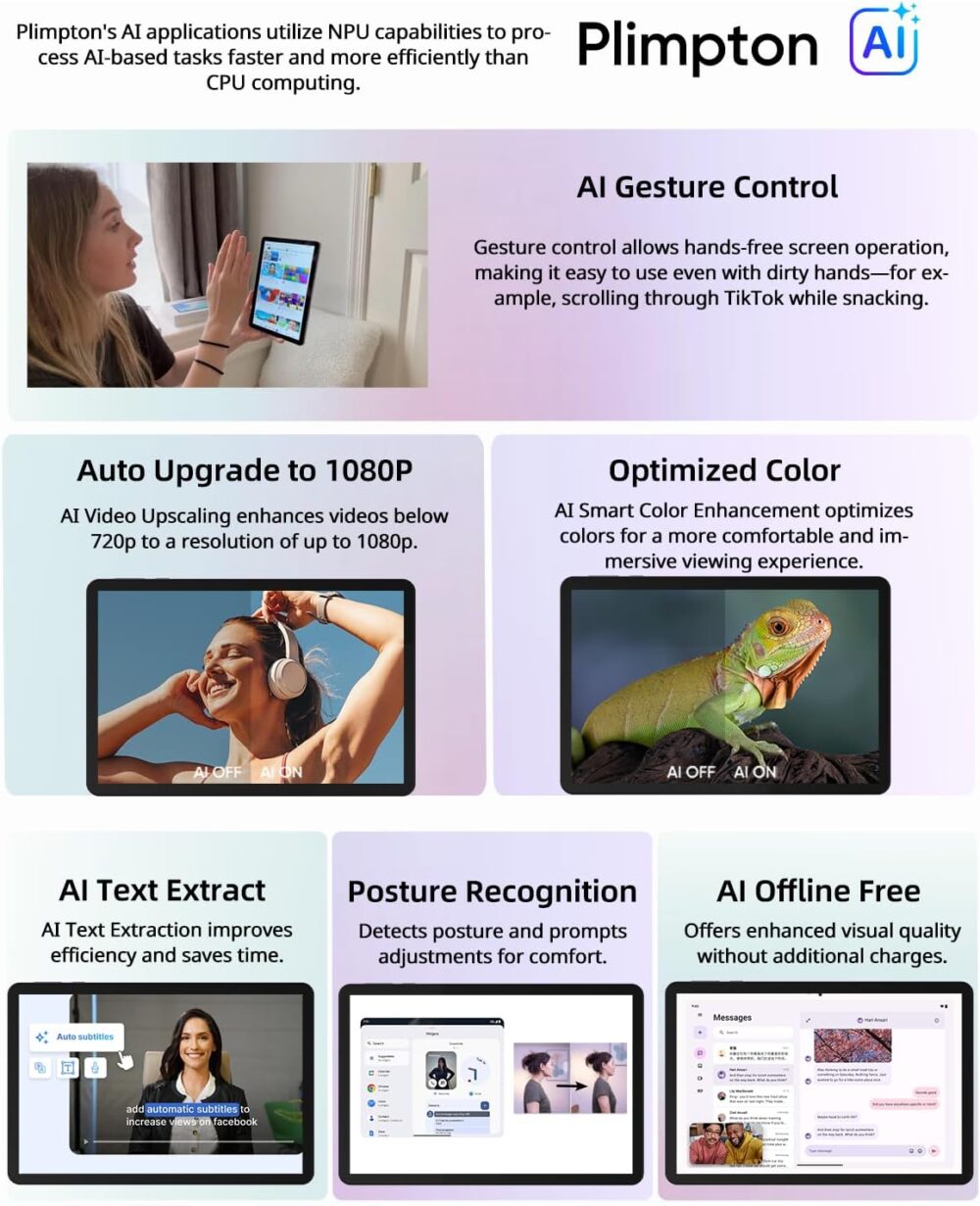 plimpton 2025 AI-Powered 10 Inch Android 15 Tablet – 24(8+16) GB RAM+128GB ROM, Octa-Core CPU, Intelligent HD Display, Gesture Control, Eye Protection, Upgraded 7500mAh Battery, PlimPad P2 - Image 6