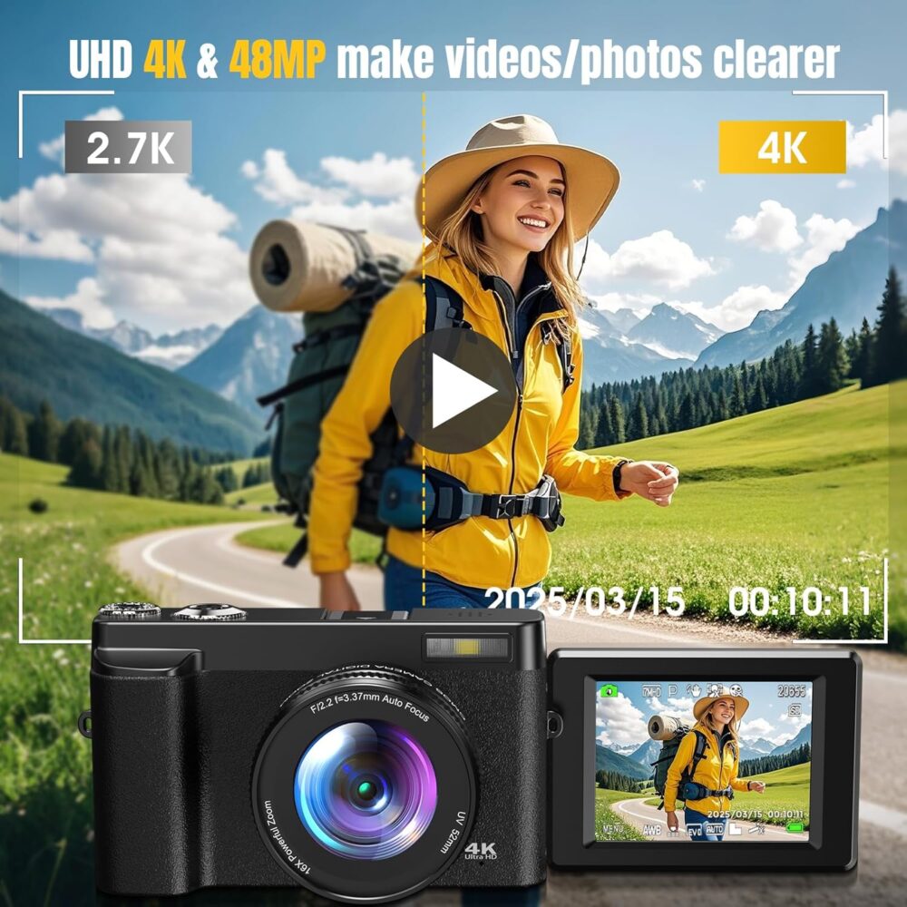4K Digital Camera for Photography, UHD Autofocus 48MP 180° Flip Screen 16X Zoom Compact Point Shoot Vlogging Camera for YouTube with 2 Batteries, 32GB Card (Black) - Image 3