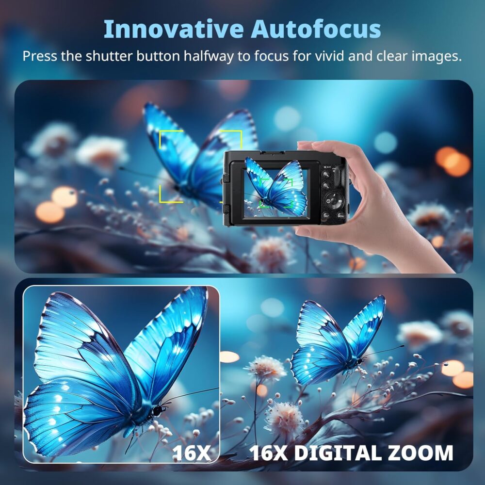 4K Digital Camera for Photography, UHD Autofocus 48MP 180° Flip Screen 16X Zoom Compact Point Shoot Vlogging Camera for YouTube with 2 Batteries, 32GB Card (Black) - Image 5