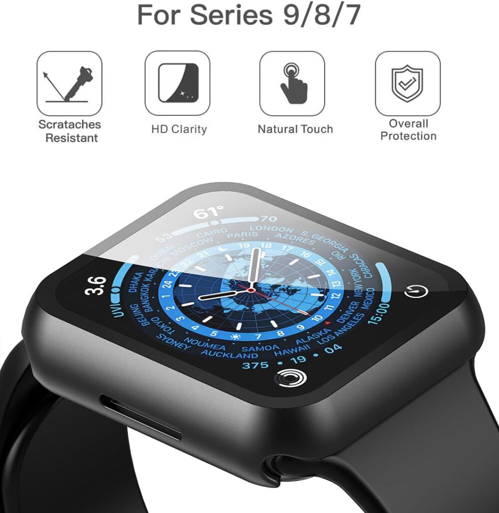 Misxi 2 Pack Hard PC Case with Tempered Glass Screen Protector Compatible with Apple Watch Series 9 (2023) Series 8 Series 7 45mm, Ultra-Thin Scratch Resistant Cover for iWatch S9/S8/S7, Black - Image 4