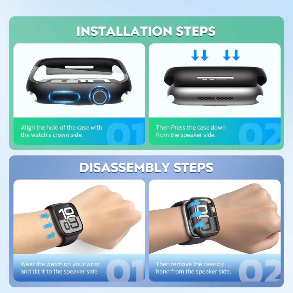 Misxi 2 Pack Hard PC Case with Tempered Glass Screen Protector Compatible with Apple Watch Series 9 (2023) Series 8 Series 7 45mm, Ultra-Thin Scratch Resistant Cover for iWatch S9/S8/S7, Black - Image 8