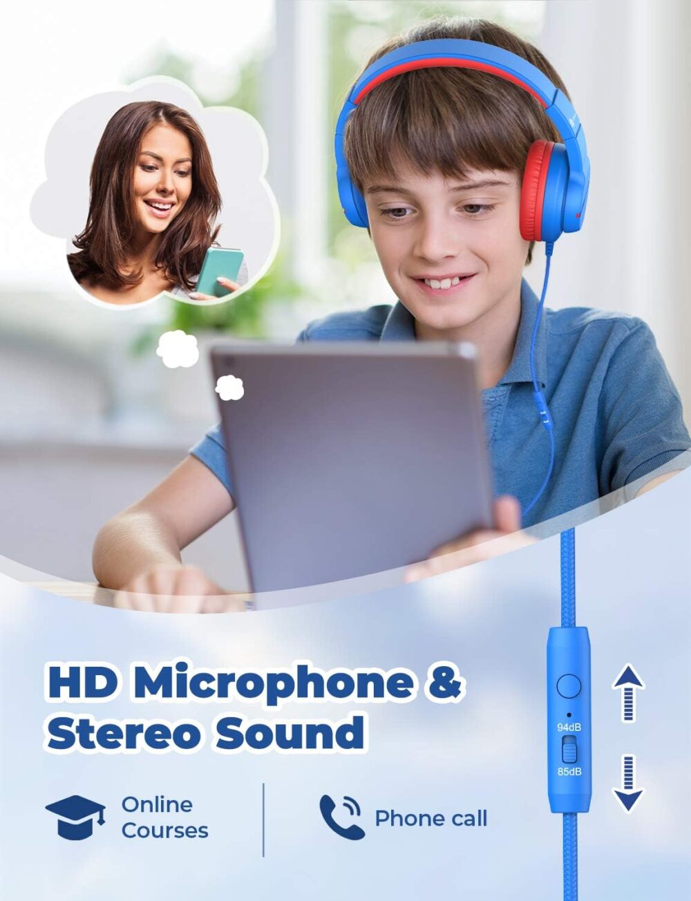 iClever Kids Headphones for School Travel, Safe Volume 85/94dB, HD Mic Stereo Sound Over-Ear Girls Boys Headphones for Kid, FunShare Foldable 3.5mm Wired Kids Headphones for iPad Computer, HS19 - Image 3