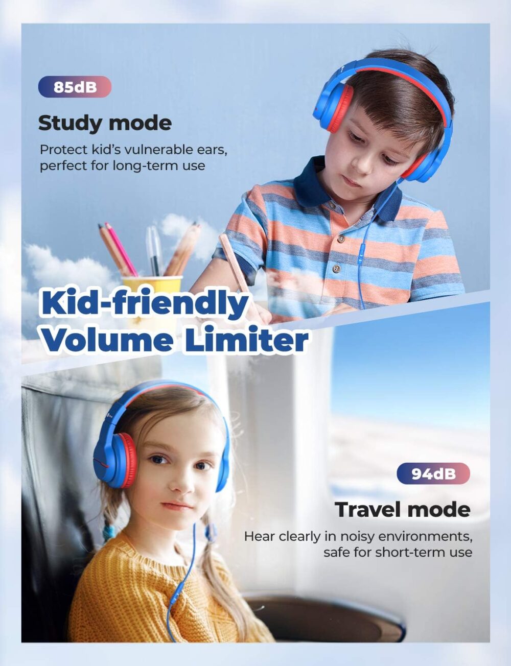 iClever Kids Headphones for School Travel, Safe Volume 85/94dB, HD Mic Stereo Sound Over-Ear Girls Boys Headphones for Kid, FunShare Foldable 3.5mm Wired Kids Headphones for iPad Computer, HS19 - Image 5