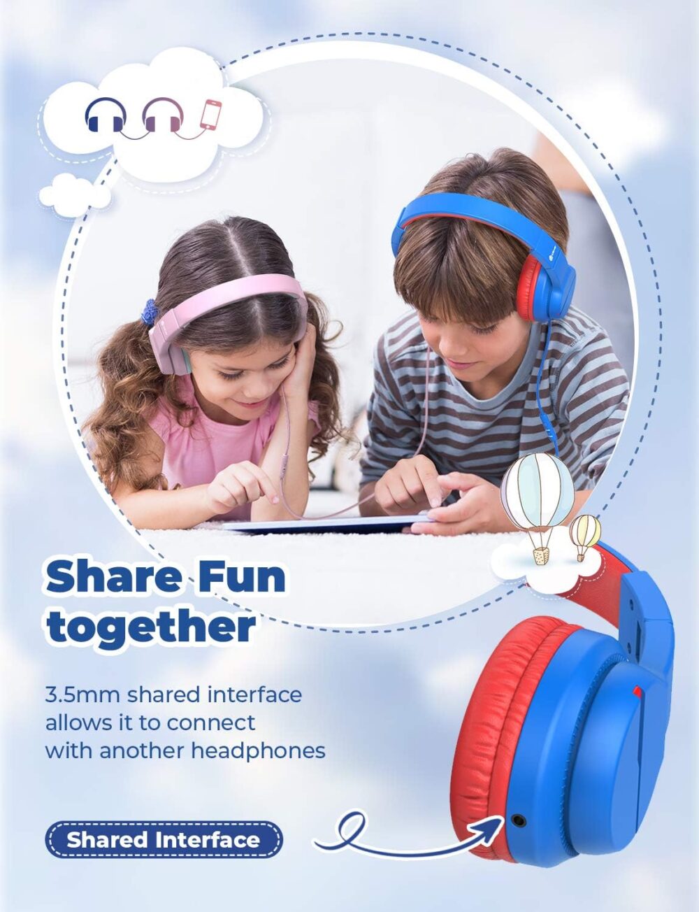 iClever Kids Headphones for School Travel, Safe Volume 85/94dB, HD Mic Stereo Sound Over-Ear Girls Boys Headphones for Kid, FunShare Foldable 3.5mm Wired Kids Headphones for iPad Computer, HS19 - Image 6