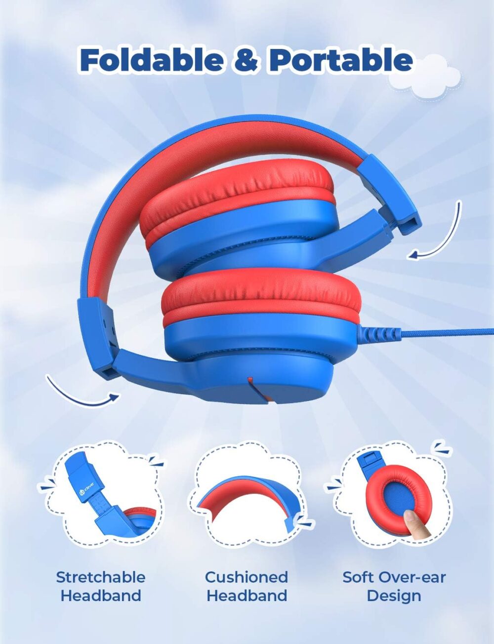 iClever Kids Headphones for School Travel, Safe Volume 85/94dB, HD Mic Stereo Sound Over-Ear Girls Boys Headphones for Kid, FunShare Foldable 3.5mm Wired Kids Headphones for iPad Computer, HS19 - Image 7