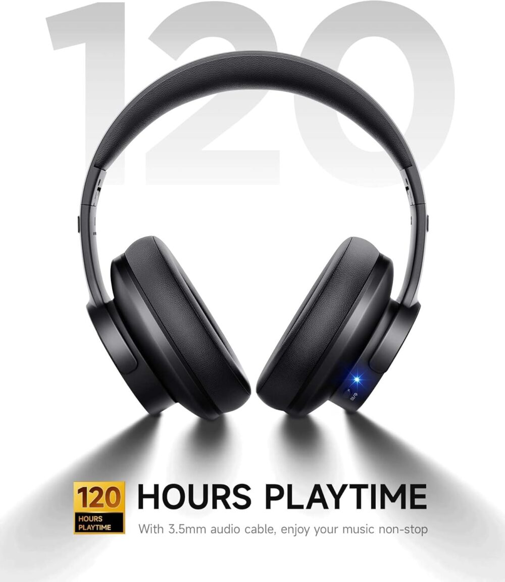 Picun B8 Bluetooth Headphones, 120H Playtime Headphones Wireless Bluetooth with 3 EQ Modes, Low Latency, Hands-Free Calls, Over Ear Headphones for Travel Home Office Cellphone PC Black - Image 4