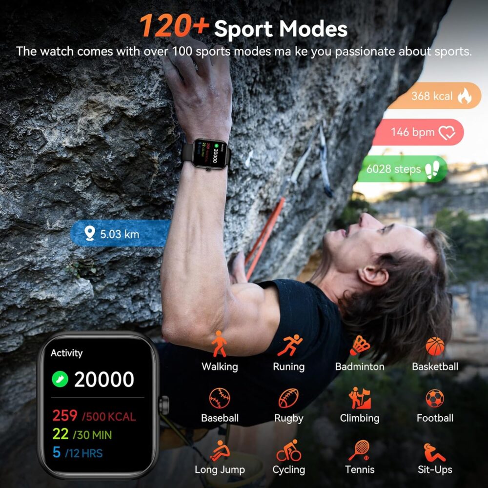 Smart Watch with Alexa Built-in‌, 1.83'' Touchscreen with Call Function, IP68 Waterproof Fitness Tracker, 100+ Sport Modes, Heart Rate & Sleep Monitor, Pedometer, iOS/Android Compatible (Black) - Image 4