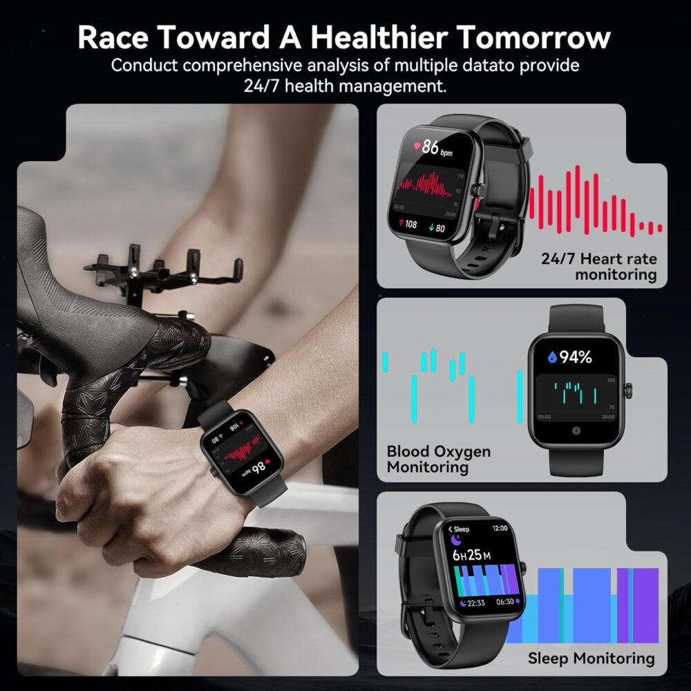 Smart Watch with Alexa Built-in‌, 1.83'' Touchscreen with Call Function, IP68 Waterproof Fitness Tracker, 100+ Sport Modes, Heart Rate & Sleep Monitor, Pedometer, iOS/Android Compatible (Black) - Image 5