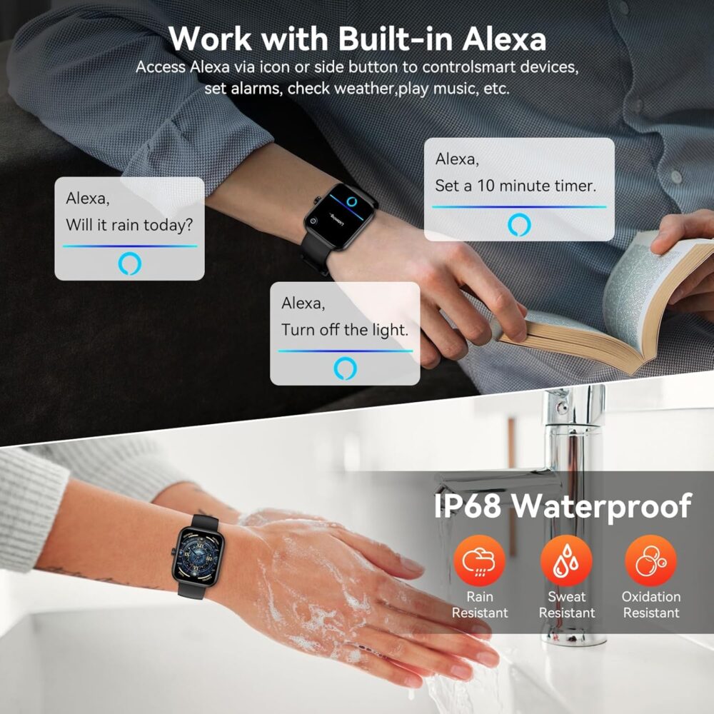 Smart Watch with Alexa Built-in‌, 1.83'' Touchscreen with Call Function, IP68 Waterproof Fitness Tracker, 100+ Sport Modes, Heart Rate & Sleep Monitor, Pedometer, iOS/Android Compatible (Black) - Image 6