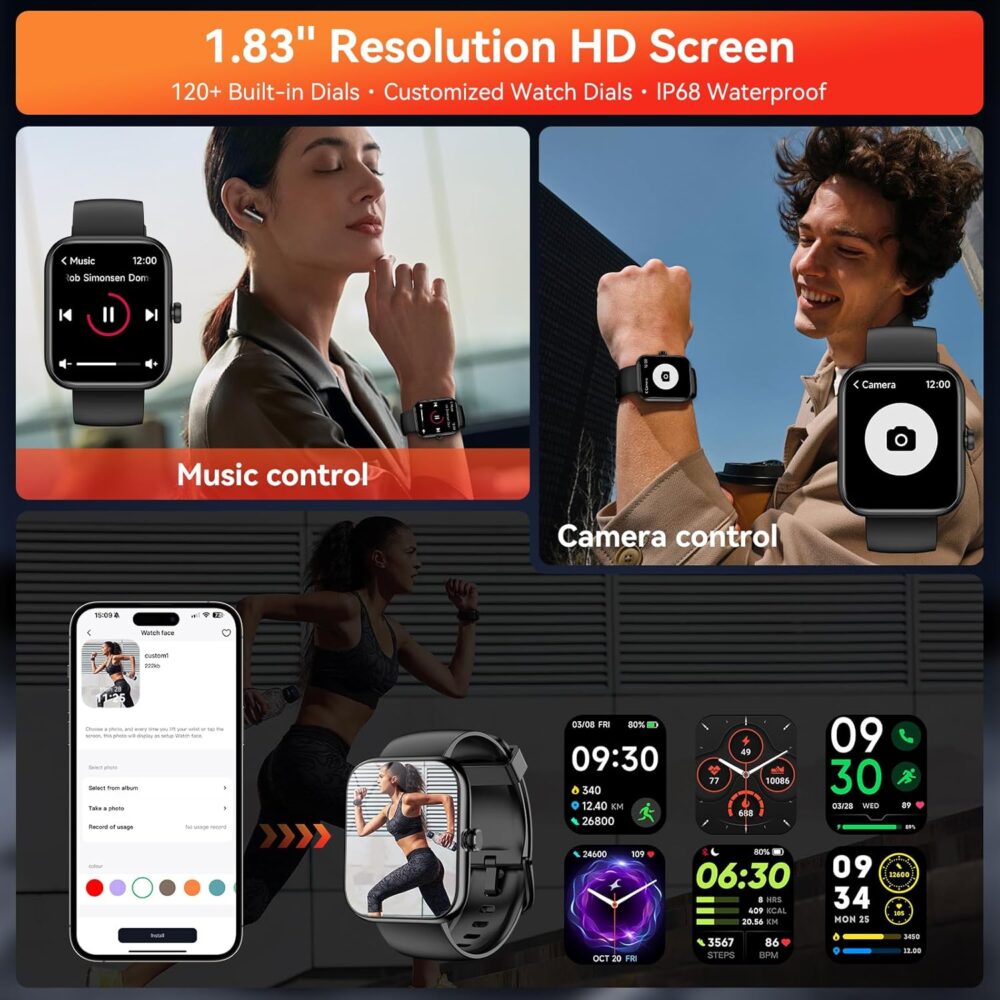 Smart Watch with Alexa Built-in‌, 1.83'' Touchscreen with Call Function, IP68 Waterproof Fitness Tracker, 100+ Sport Modes, Heart Rate & Sleep Monitor, Pedometer, iOS/Android Compatible (Black) - Image 7