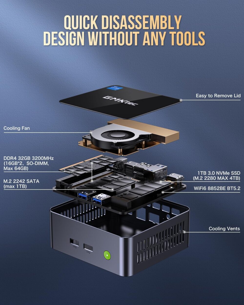 GMKtec Mini PC Intel Core i7-1195G7 (Turbo 5.0 GHz) 32GB DDR4 1TB SSD Desktop Mini Computers WiFi 6, BT 5.2/ DP, HDMI/RJ45 2.5G/USB4.0 - Image 5