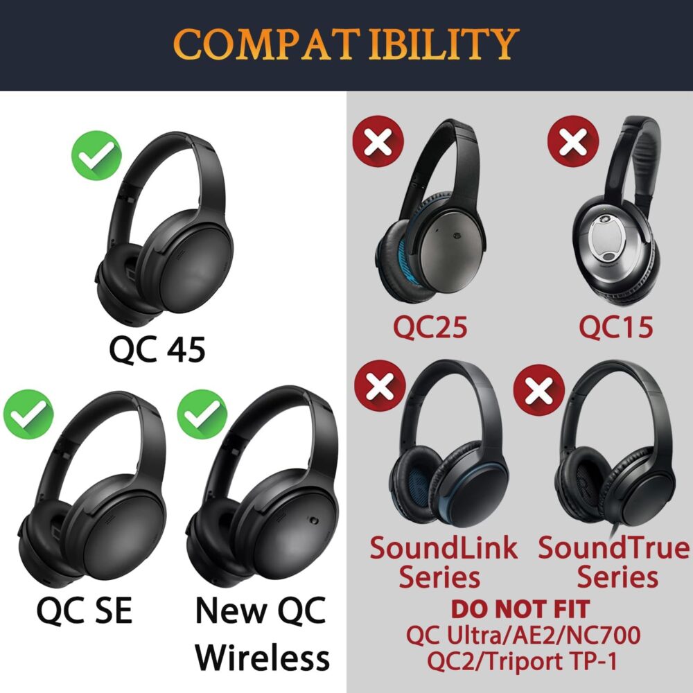 SOULWIT Earpads Replacement for Bose QuietComfort 45 (QC45)/QuietComfort SE (QC SE)/New Quiet Comfort Wireless Over-Ear Headphones, Ear Pads Cushions with Softer Protein Leather - Black - Image 3