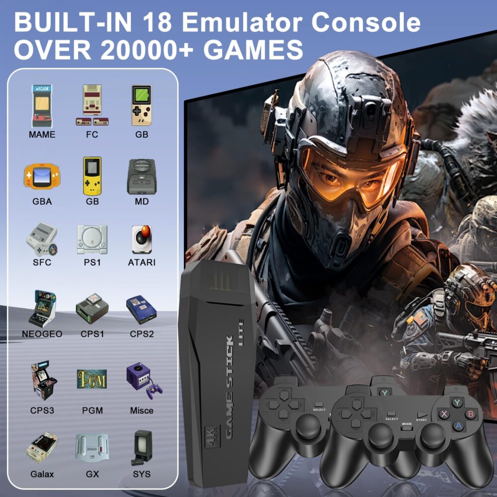 2025 Upgrade Retro Gaming Console, Wireless Retro Game Console Stick with 18 Built-In Emulator, 20000+ Games, Plug and Play Video Games for Tv, 4K HDMI Output with 2 2.4G Wireless Controllers (64GB) - Image 3