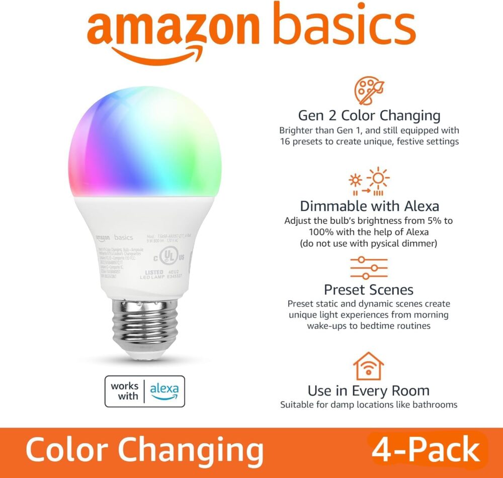 Amazon Basics Smart A19 LED Light Bulb, Color Changing, 9W (60W Equivalent), 800LM, Works with Alexa Only, 2.4 GHz Wi-Fi, No Hub Required, 4 Pack - Image 3