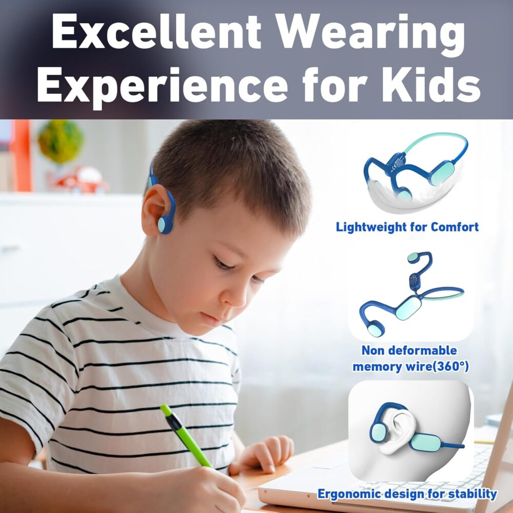 Kids Headphones, Bluetooth 5.2 Air Conduction Open Ear Headphones, 85dB Volume Limiting, Stereo Sound with Mic, IPX5 Waterproof, 20H Playtime, Perfect for School and Outdoor Activities-Blue - Image 4