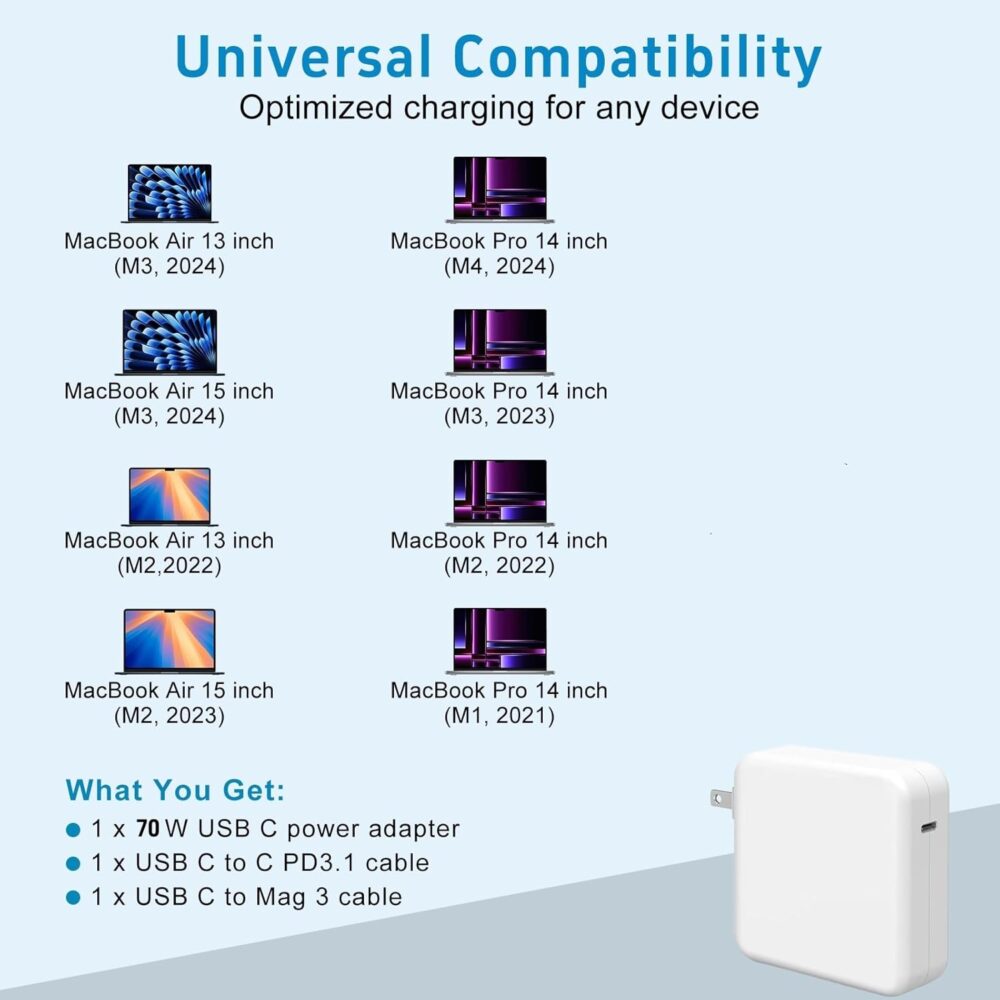 Charger for Mac Book Air 15 13 Inch Mac Book Pro14 Inch M4 M3 M2 M1 from 2025 2024 2023 2022 2021 70W USB-C to Mag 3 Power Adapter Include 6.6FT 5A USB-C to Magnetic 3 Cable (Original Quality) - Image 3