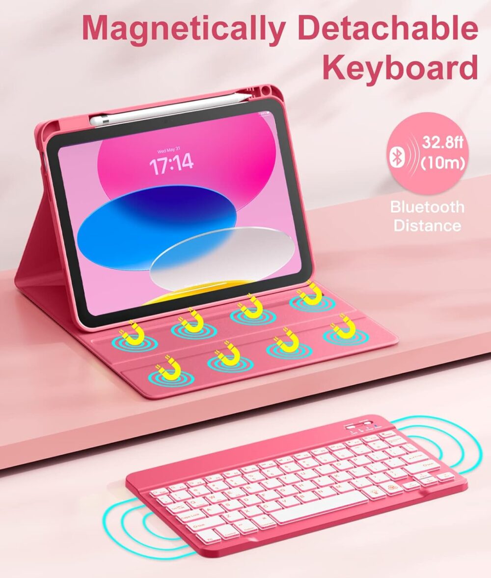 Hamile for iPad 11th 10th Generation Case with Keyboard - 7 Colors Backlit Wireless Detachable Folio Keyboard Cover with Pencil Holder for iPad 11-inch A16 2025 10th Gen 10.9 Inch 2022 (Pink) - Image 5