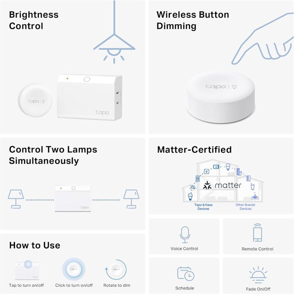 TP-Link Tapo Smart Dimmer Plug KIT, Matter Compatible, Wireless Dimmer Button, Dual Outlets, Max Power 300W, Works w/Apple Home, Alexa & Google Home, ETL Certified, 2.4G Wi-Fi, White (Tapo P135 KIT) - Image 3