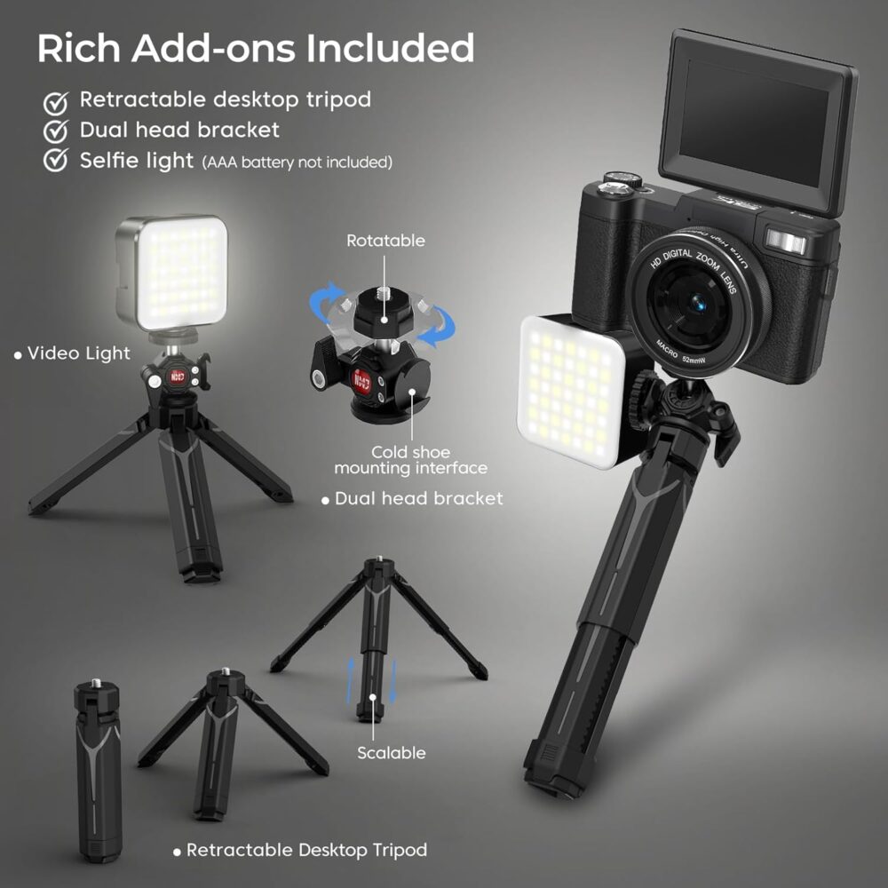 5K Digital Camera for Photography with WiFi 64MP Vlogging Camera with Flip Screen Compact Digital Cameras with Batteries, Selfie Light, Desktop Tripod - Image 6
