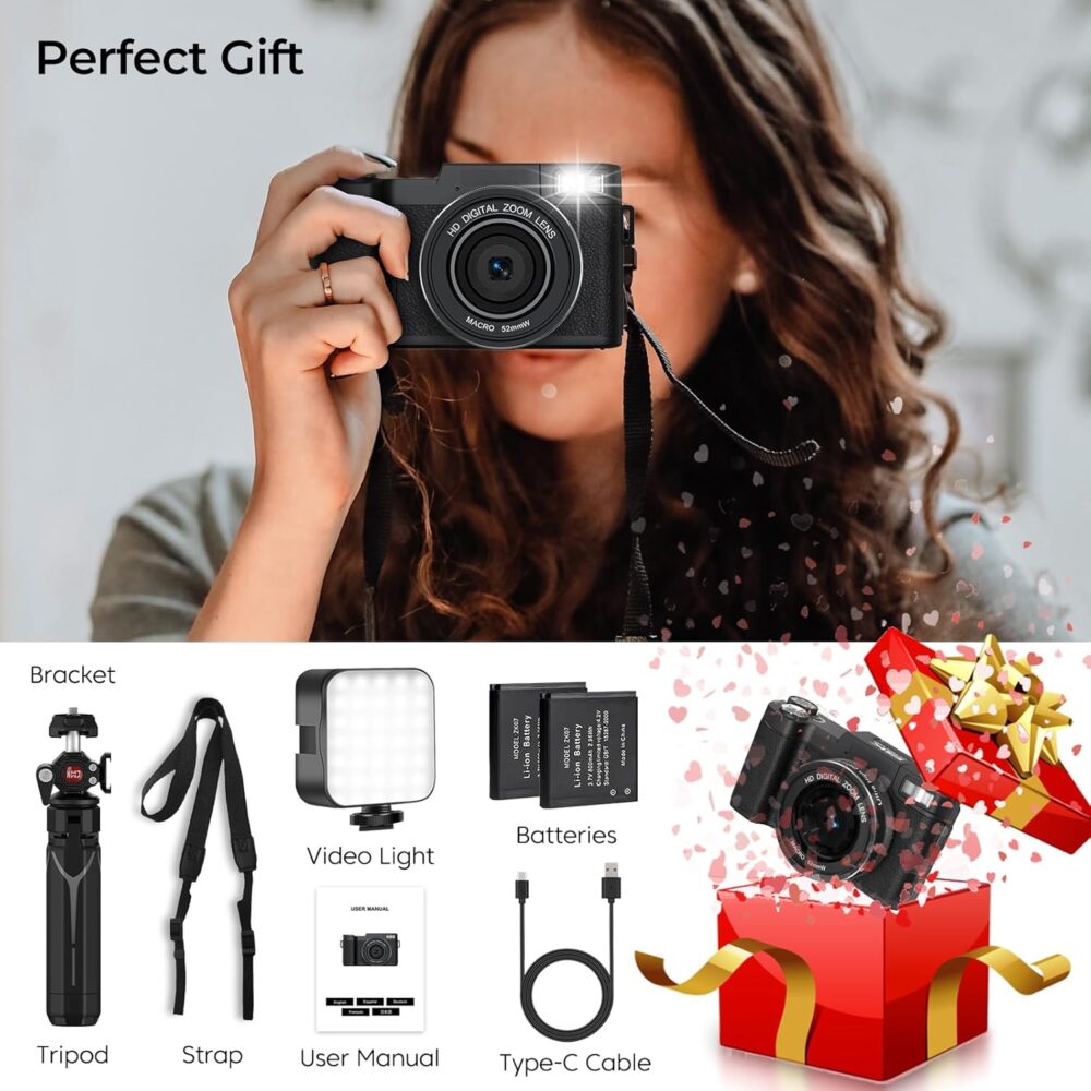 5K Digital Camera for Photography with WiFi 64MP Vlogging Camera with Flip Screen Compact Digital Cameras with Batteries, Selfie Light, Desktop Tripod - Image 8