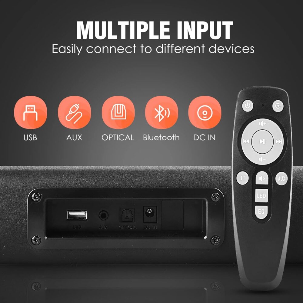 Small Sound Bars for TV, 50W 16-Inch Ultra Slim Mini Surround Soundbar TV Speakers System with Wireless Bluetooth 5.0 Optical AUX USB Connection, 3 Equalizer Modes, for 4K & HD TVs - Image 5