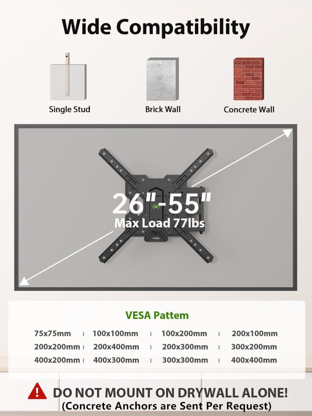 USX MOUNT UL Listed Full Motion TV Mount, Swivel Articulating Tilt TV Wall Mount for 26-55Inch LED, 4K, Wall Mount Bracket with VESA 400x400mm Up to 77lbs, Perfect Center Design -XMM006-1 - Image 7