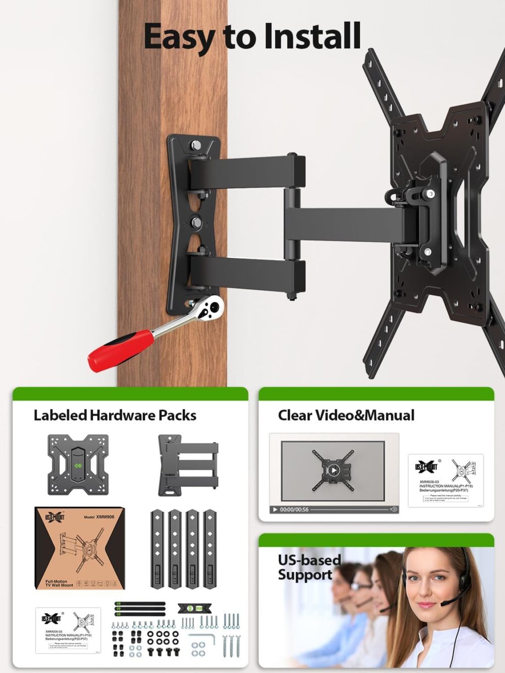 USX MOUNT UL Listed Full Motion TV Mount, Swivel Articulating Tilt TV Wall Mount for 26-55Inch LED, 4K, Wall Mount Bracket with VESA 400x400mm Up to 77lbs, Perfect Center Design -XMM006-1 - Image 9