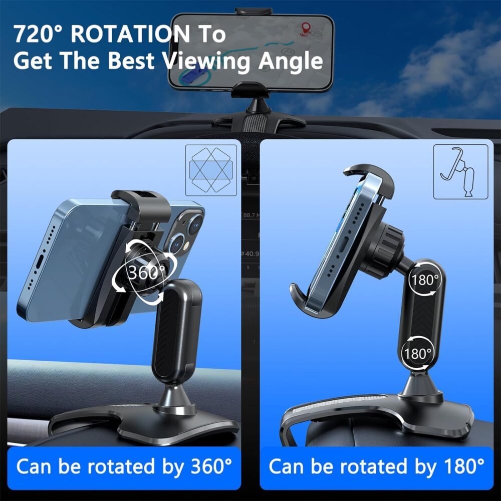 【The Safest】 Car Dashboard Phone Clip Holder, 360 Degree Rotation Dash Multifunctional Car Dashboard Mobile Phone Holder Mount Stand Compatible with 4-7 Inch Smartphones - Image 4
