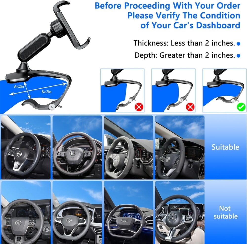 【The Safest】 Car Dashboard Phone Clip Holder, 360 Degree Rotation Dash Multifunctional Car Dashboard Mobile Phone Holder Mount Stand Compatible with 4-7 Inch Smartphones - Image 5