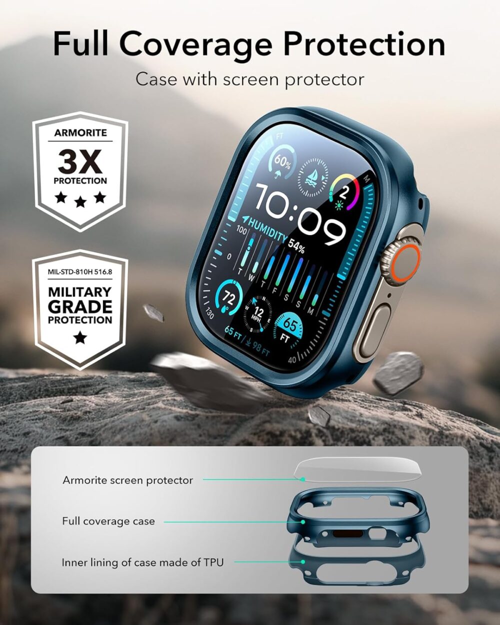 ESR for Apple Watch Ultra 2/1 Case with Screen Protector 49mm (2024/2023/2022), Military Grade Protection, Aluminum Alloy Case with 2 Pack Armorite Glass Protector Set, Stay Original, Blue - Image 5
