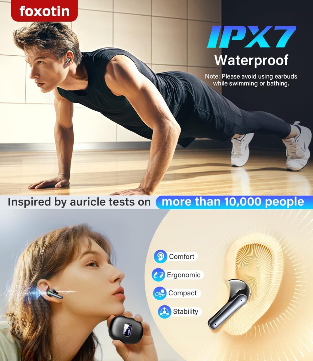 Ear Buds Wireless Earbuds - Bluetooth 5.3 Headphones (48H Playback) Built in Mic with LED Display Charging Case, IP7 Waterproof Earphone for iPhone Andriod Phones Laptop Sports Workout - Black - Image 7