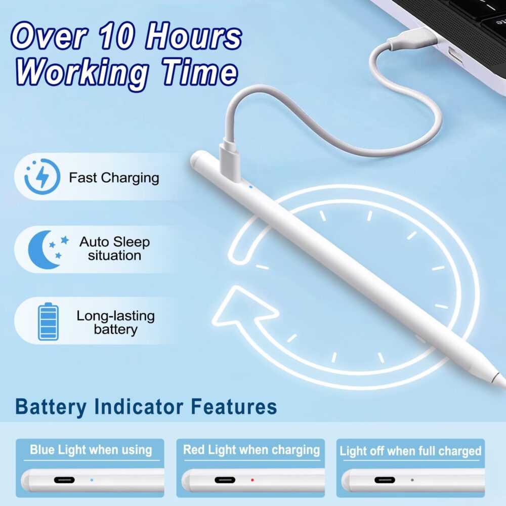 Stylus Pen for iPad Apple: Fast Charge for iPad Pencil Apple Pen with Palm Rejection Tilt Sensitivity - Pen for iPad 10/9/8/7/6, iPad Pro 12.9"/11"/13" M4, iPad Mini 6/5, iPad Air 5/4/3/11"-13" M2 - Image 3