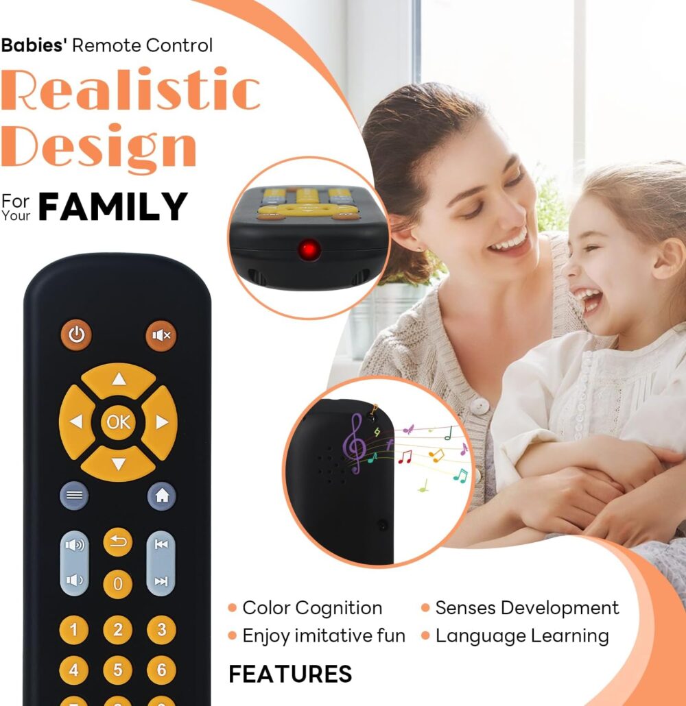 Baby Remote Control Toy, Realistic Toddler TV Remote Toys with Light Sounds, Early Learning Educational Baby Musical Toys Play Remote with English French Spanish for Boys Girls 6 Month+-Black - Image 3