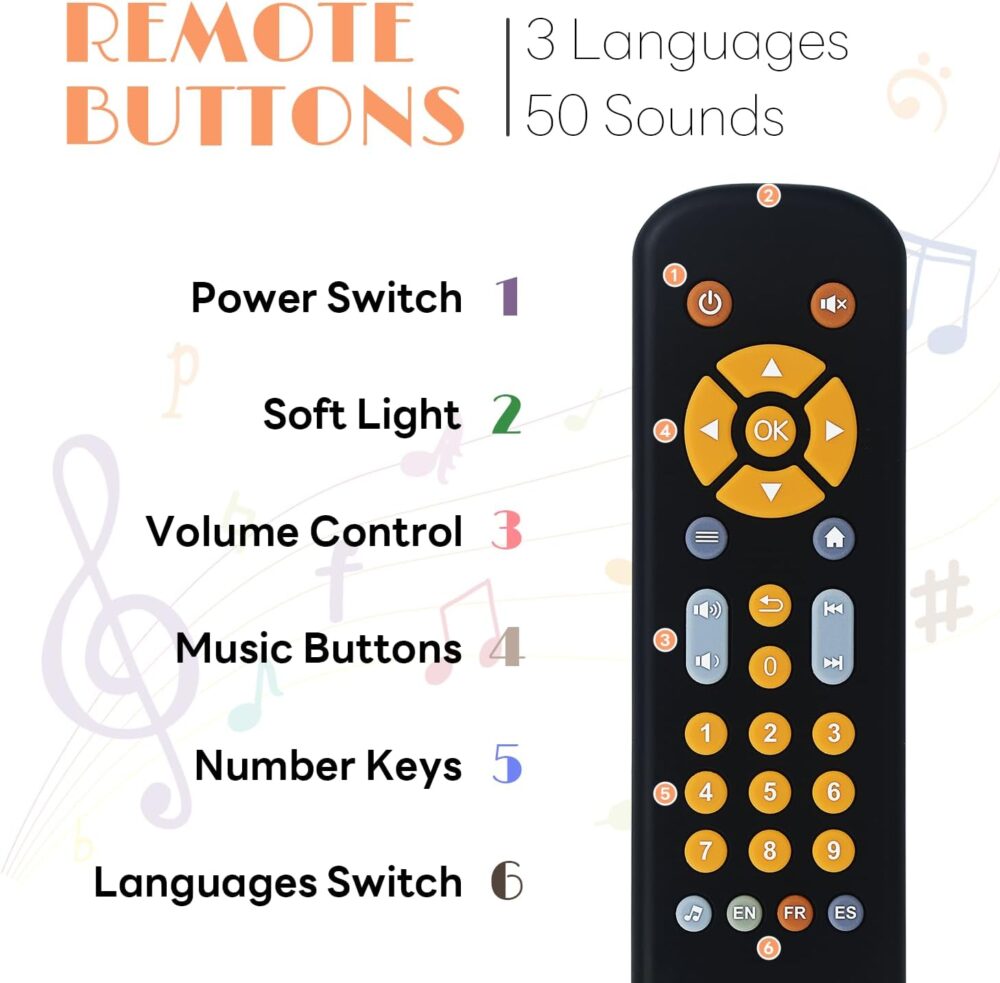 Baby Remote Control Toy, Realistic Toddler TV Remote Toys with Light Sounds, Early Learning Educational Baby Musical Toys Play Remote with English French Spanish for Boys Girls 6 Month+-Black - Image 4