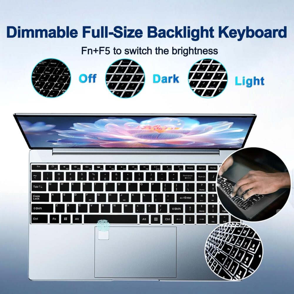 2025 Latest 15.6'' Laptop Windows 11, 8GB RAM 256GB SSD, Intel Quad-Core Processor N5095, 1080P FHD Display, Backlit Keyboard, Fingerprint, Webcam, USB3.2, Mini-HDMI, WiFi5, BT, TF Card Slot - Image 5