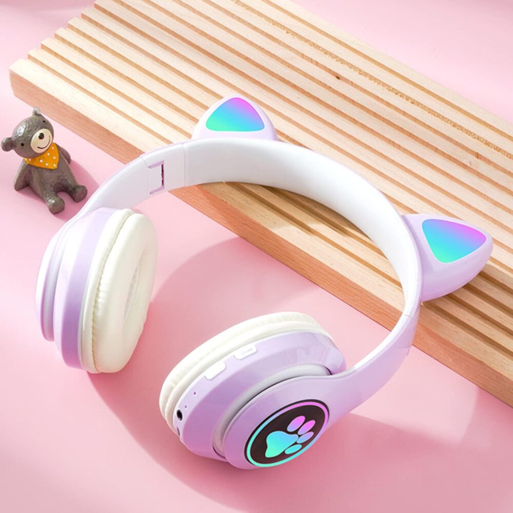 Bluetooth Noise Cancelling Headphones for Kids,Foldable Cat Headphones with LED Light Up Ear,Cat Ear Headphones for Toddler with Microphone/TF Card,Kids Bluetooth Headphones for ipad - Image 4