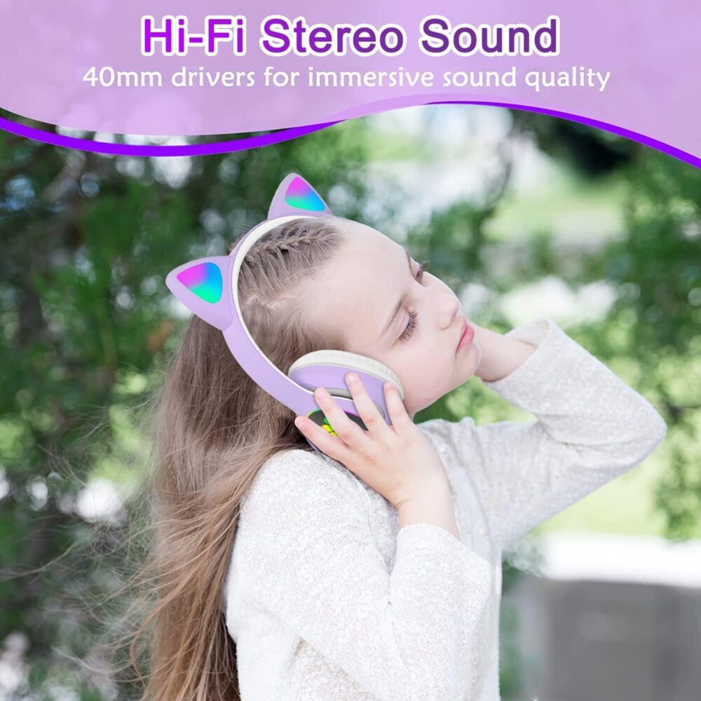 Bluetooth Noise Cancelling Headphones for Kids,Foldable Cat Headphones with LED Light Up Ear,Cat Ear Headphones for Toddler with Microphone/TF Card,Kids Bluetooth Headphones for ipad - Image 8