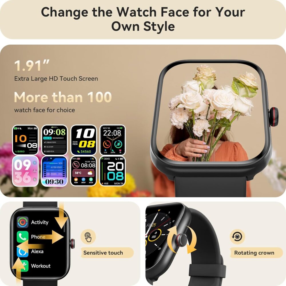 Smart Watch for Women Men, Smartwatch for iPhone & Android Bluetooth (Answer/Call) Built-in Alexa, 1.91" HD Fitness Tracker with 105+ Sport Modes, IP68 Waterproof, Sleep/Heart Rate/SpO2/Stress Monitor - Image 7