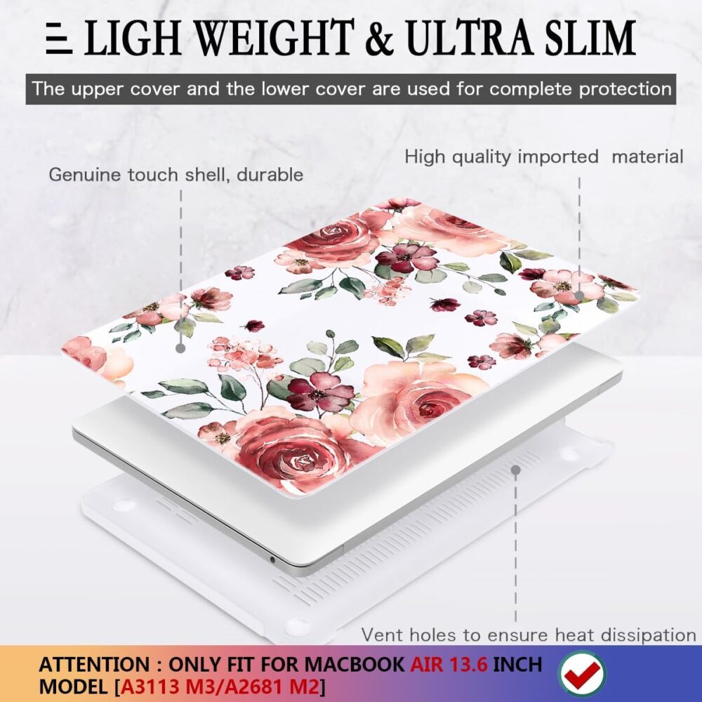 CISSOOK for MacBook Air 13.6 inch Case 2025 2024 2022 Release A3240 A3113 A2681, Matte Hard Shell Case Flower Cover with Keyboard Cover + USB Adapter for MacBook Air 13.6 M2 M3 M4 with Touch ID - Image 5