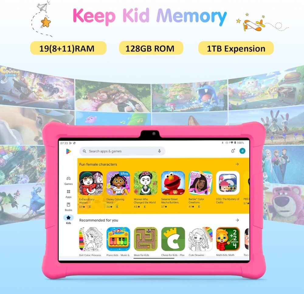 2025 Kids Tablet, 10.1 inch Tablet for Kids 19GB RAM 128GB ROM Android 13 Toddler Tablet with 8000mAh,Bluetooth, WiFi, GMS, Parental Control, Dual Camera, Shockproof Case, Educational Games-Pink - Image 4