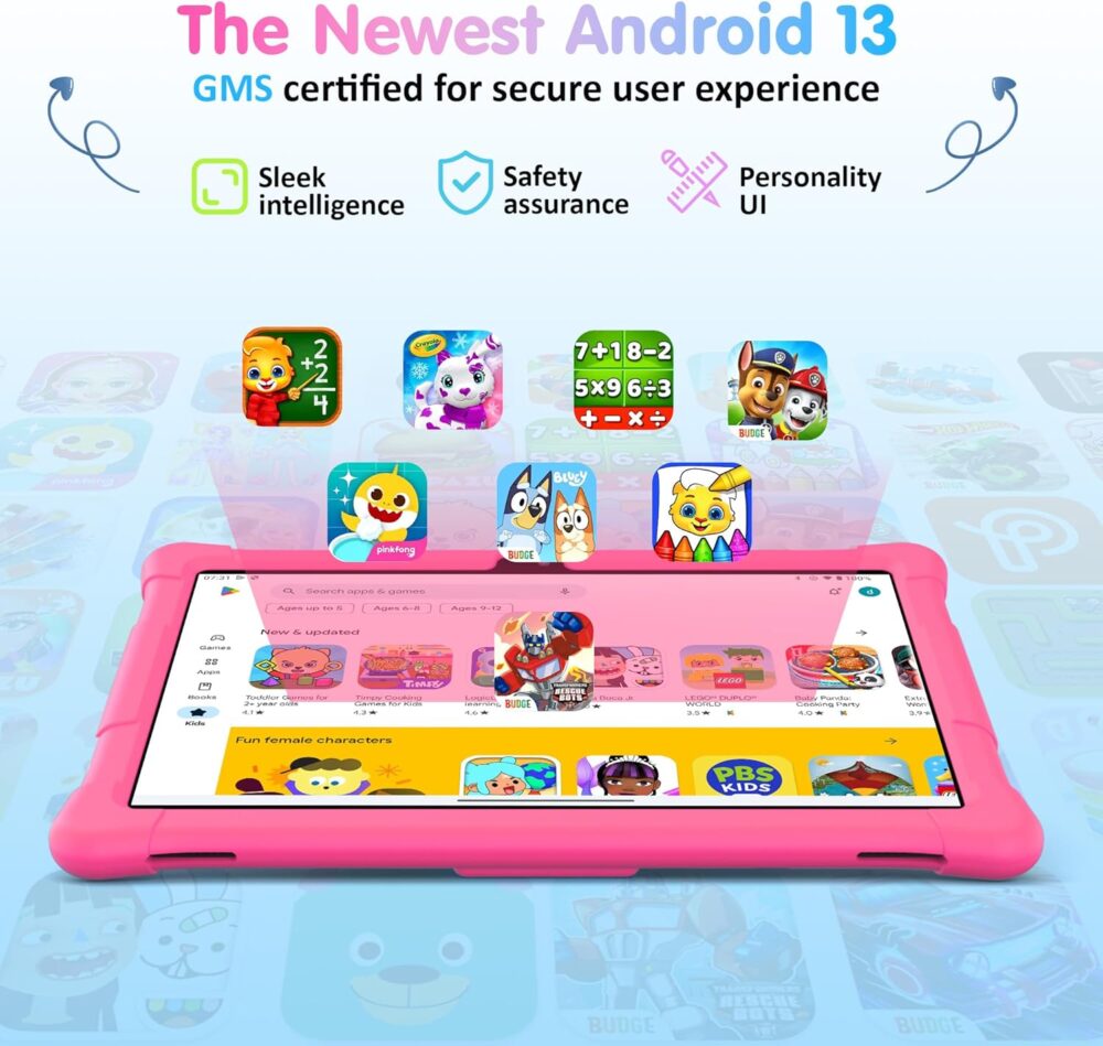 2025 Kids Tablet, 10.1 inch Tablet for Kids 19GB RAM 128GB ROM Android 13 Toddler Tablet with 8000mAh,Bluetooth, WiFi, GMS, Parental Control, Dual Camera, Shockproof Case, Educational Games-Pink - Image 5