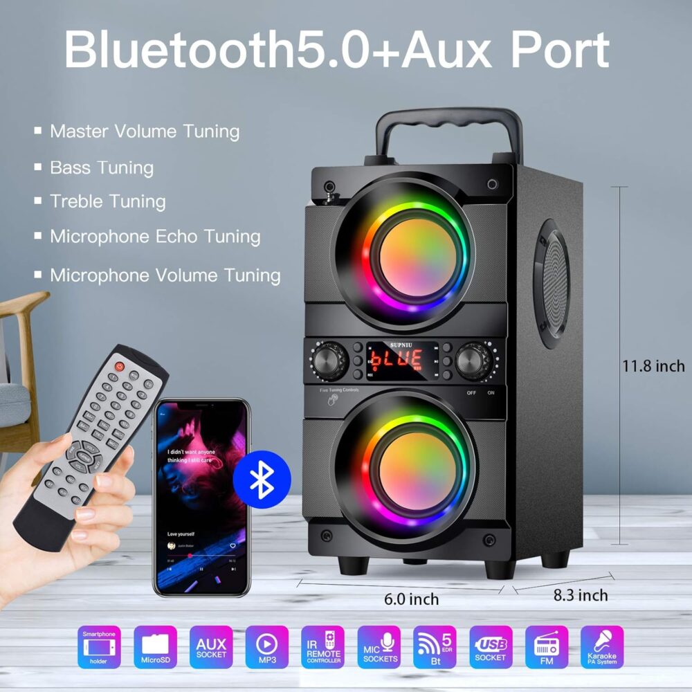 60W (80W Peak) Portable Bluetooth Speaker with Double Subwoofer Heavy Bass, Bluetooth 5.0 Wireless 100ft Outdoor Speaker, Support FM Radio, LED Colorful Lights, Stereo Sound, for Home, Party, Travel - Image 3