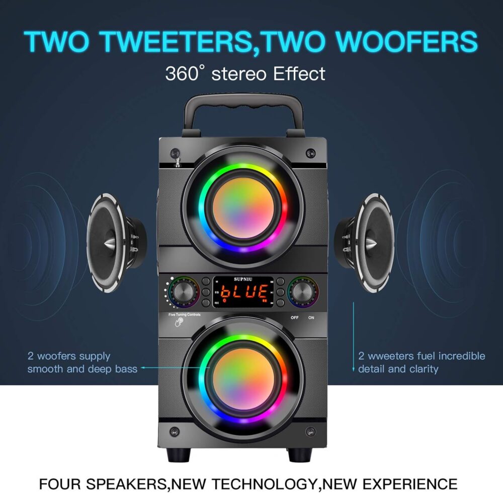 60W (80W Peak) Portable Bluetooth Speaker with Double Subwoofer Heavy Bass, Bluetooth 5.0 Wireless 100ft Outdoor Speaker, Support FM Radio, LED Colorful Lights, Stereo Sound, for Home, Party, Travel - Image 5