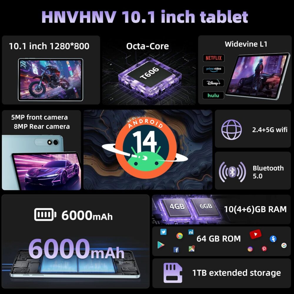 Tablet 10 Inch Android 14 Tablet, 10GB RAM 64GB ROM, 1TB Expansion, Octa-core, 800x1280 Resolution, 6000mAh, 5MP + 8MP Dual Camera, 5G/2.4G WiFi, Bluetooth 5.0, GPS (Blue) - Image 3