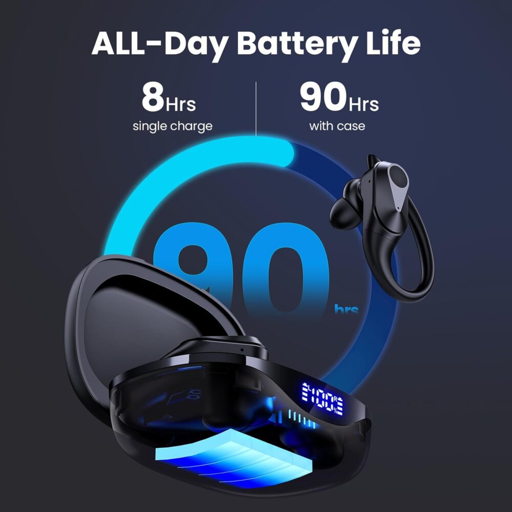 Bluetooth Headphones Wireless Earbuds 90Hrs Playtime Ear Buds IPX7 Waterproof Sports Earphones with Wireless Charging Case & Over-Ear Earhooks LED Power Display Stereo Bass Headset Black - Image 3