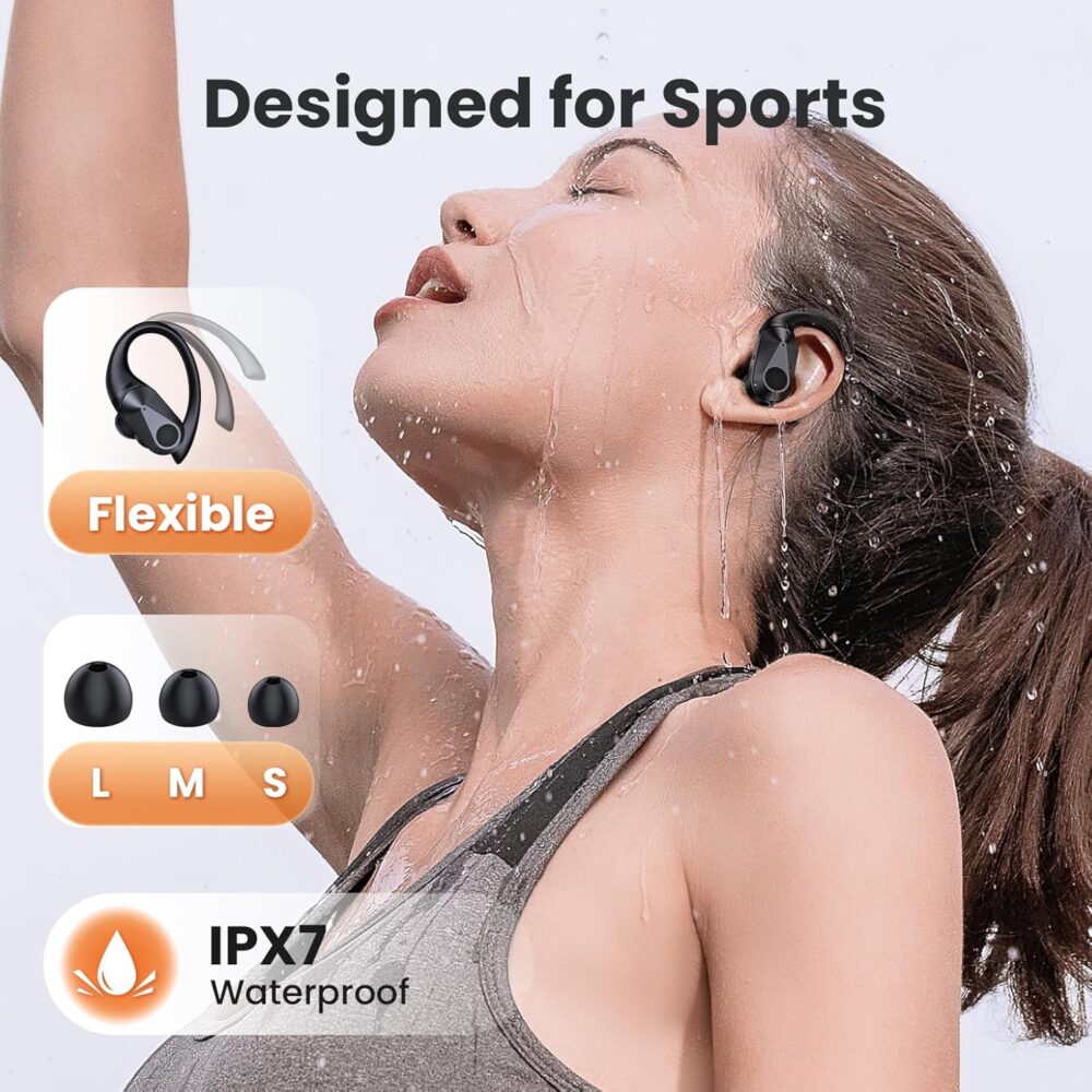 Bluetooth Headphones Wireless Earbuds 90Hrs Playtime Ear Buds IPX7 Waterproof Sports Earphones with Wireless Charging Case & Over-Ear Earhooks LED Power Display Stereo Bass Headset Black - Image 4