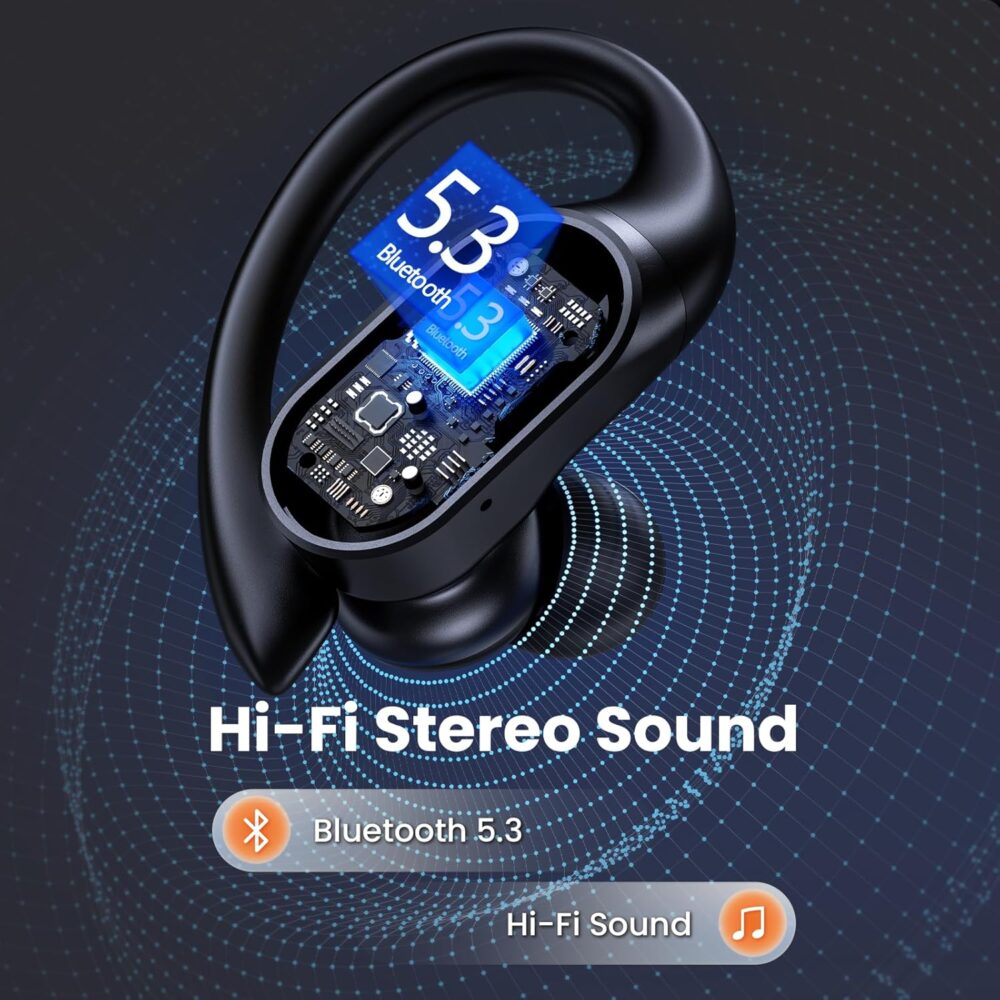 Bluetooth Headphones Wireless Earbuds 90Hrs Playtime Ear Buds IPX7 Waterproof Sports Earphones with Wireless Charging Case & Over-Ear Earhooks LED Power Display Stereo Bass Headset Black - Image 5
